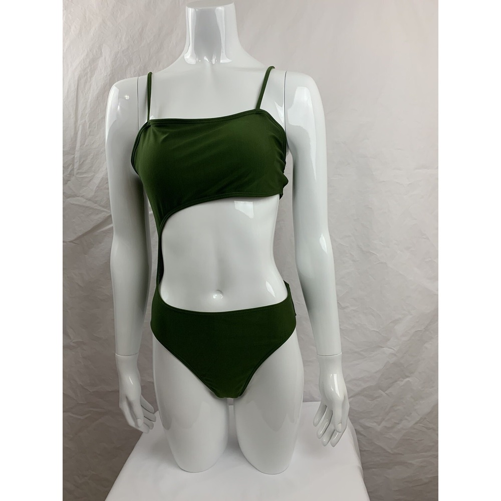 Women's Ribbed Cut‎ Out One Piece Swimsuit - Green Size Medium